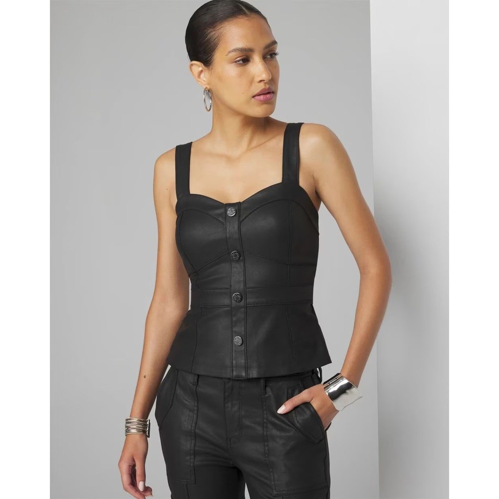 WHBM Button Front Coated Vegan Leather Bustier Vest Womens 00 Black 90s Chic